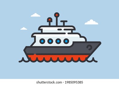 ship icon on waves. private yacht at sea. flat vector illustration.