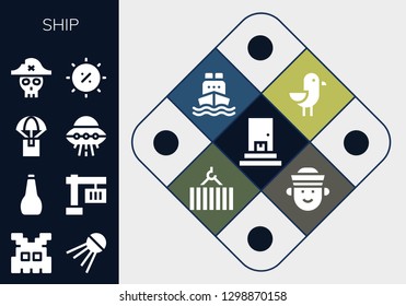  ship icon set. 13 filled ship icons. Simple modern icons about  - Delivery, Space invaders, Sputnik, Oil, Crane, Ufo, Pirate, Summer, Seagull, Cargo ship, Sailor
