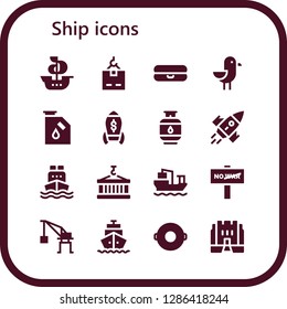  ship icon set. 16 filled ship icons. Simple modern icons about  - Ship, Crane, Float, Seagull, Gas, Rocket, Cargo ship, Container, War, Shipping, Medieval