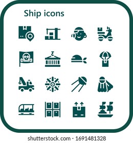 conjunto de iconos de envío. 16 íconos de barco rellenos. Incluidos Envíos, Almacén, Portugués, Entrega, Pirata, Contenedor, Grúa, Helm, Sputnik, Fins, Transporte, Iconos de Barco