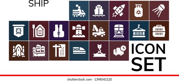 ship icon set. 19 filled ship icons.  Collection Of - Train, Jolly roger, Rocket ship, Sailboat, Crane, Delivery, Boat, Lifejacket, Lighthouse, Container, Carrier, Cargo