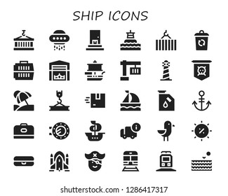  ship icon set. 30 filled ship icons. Simple modern icons about  - Container, Ufo, Delivery, Buoy, Crane, Carrier, Hangar, Ship, Lighthouse, Jolly roger, Vacation, Sailboat, Gas