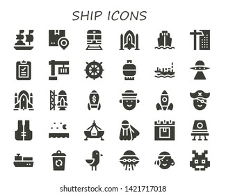 ship icon set. 30 filled ship icons.  Collection Of - Ship, Shipping, Train, Spaceship, Cargo Crane, Delivery, Helm, Gas, Aliens, Rocket Rocket launch, Rocket