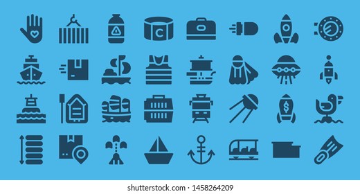 ship icon set. 32 filled ship icons. on blue background style Collection Of - Insurance, Shipping, Buoy, Spacing, Crane, Delivery, Boat, Gas, Sailing, Sailboat, Spaceship, Captain