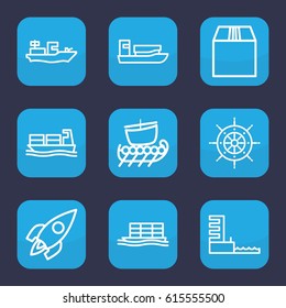 Ship icon. set of 9 outline ship icons such as cargo container, harbor, rocket, helm