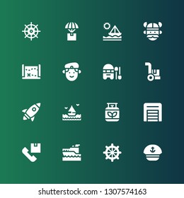 ship icon set. Collection of 16 filled ship icons included Sailor, Helm, Yatch, Shipping, Warehouse, Gas, Sea, Rocket, Cargo, Boat, Militar, Treasure map, Viking, Ship, Delivery