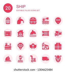 ship icon set. Collection of 20 filled ship icons included Inflatable boat, Dolphin, Train, Boat, Alien, Treasure map, Warehouse, Container, Delivery, Pirate hat, Oil, Lifejacket