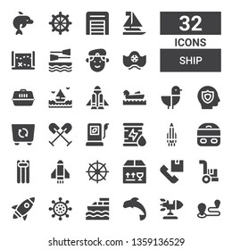 ship icon set. Collection of 32 filled ship icons included Travel, Rocket, Dolphin, Boat, Helm, Cargo, Shipping, Delivery, Floating, Train, Oil, Fuel, Oar, Container, Insurance