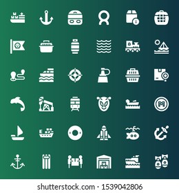 ship icon set. Collection of 36 filled ship icons included Missile, Yatch, Warehouse, Delivery, Floating, Anchor, Submarine, Rocket launch, Float, Ship, Sailing boat, Metro, Boating