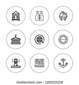 Ship icon set. collection of 9 outline ship icons with anchor, container, lifejacket, lighthouse, porthole, spaceship, train, travel icons. editable icons.