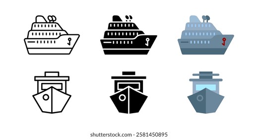 Ship icon set. Cruise liner or ferry signs. Maritime transport and passenger vessel symbols. Sea travel pictogram. Luxury tourism and sailing illustration.