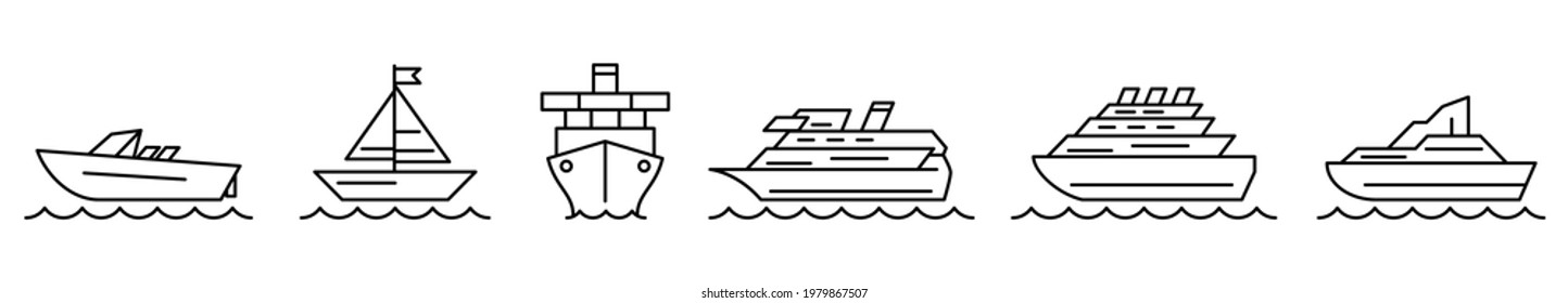 Ship icon. Set of ship icons. Vector illustration. Shipping or cruise linear icons