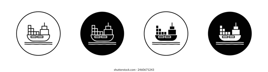 Conjunto de iconos de barco. símbolo de Vector de buque de carga de contenedor marino. pictograma de crucero de pasajeros en estilo negro relleno y delineado.