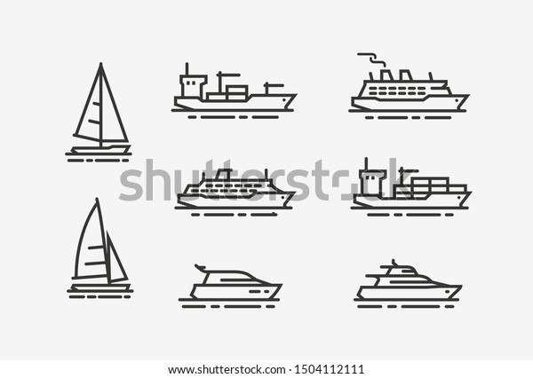 Ship icon set. Shipping, cruise symbol.
Linear style vector
illustration