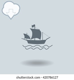 Ship icon with shadow. Cloud of download with arrow.
