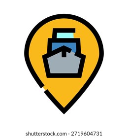 Icono de barco dentro de un pin de ubicación que simboliza la logística marítima, el seguimiento global de la carga, la navegación portuaria y la identificación precisa de las rutas de transporte marítimo para una entrega eficiente