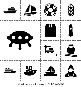 Ship icons. set of 13 editable filled ship icons such as rocket, ufo, cargo, cargo container, boat, lifebuoy