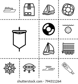 Ship icons. set of 13 editable outline ship icons such as lifebuoy, sailboat, ufo, cargo container, helm, cargo trailer, sail, water military, boat, cutter