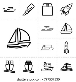 Ship icons. set of 13 editable outline ship icons such as boat, cutter, sailboat, rocket