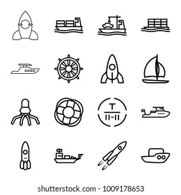 Ship icons. set of 16 editable outline ship icons such as boat, rocket, cargo terminal, helm, cargo ship, sailboat, lifebuoy