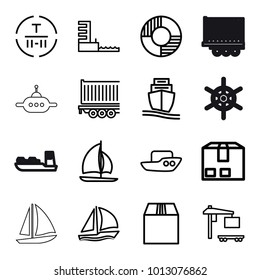 Ship icons. set of 16 editable outline ship icons such as boat, cargo terminal, cargo container, harbor, sailboat, lifebuoy, ufo