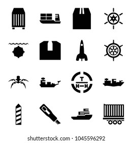 Ship icons. set of 16 editable filled ship icons such as cargo container, helm, boat, rocket, water military, cutter