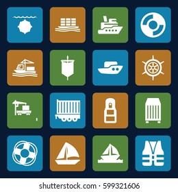 ship icons set. Set of 16 ship filled icons such as boat, sailboat, cargo container, cargo truck, office supply, lifebuoy, life vest, helm, sail