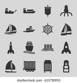 Ship icons set. set of 16 ship filled icons such as rocket, cargo container, cargo trailer, office supply, sailboat, helm, sail