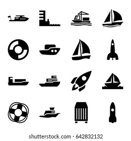 Ship icons set. set of 16 ship filled icons such as boat, cargo container, harbor, rocket, lifebuoy