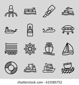 Ship icons set. set of 16 ship outline icons such as boat, cutter, helm, cargo trailer, office supply, lifebuoy, water military, rocket, UFO