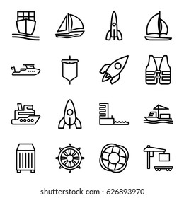 Ship icons set. set of 16 ship outline icons such as rocket, boat, cargo container, cargo truck, helm, harbor, lifebuoy, life vest, sailboat