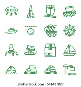 Ship icons set. set of 16 ship outline icons such as cargo container, cargo truck, helm, boat, rocket, water military, sailboat