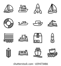 Ship icons set. set of 16 ship outline icons such as boat, rocket, cargo, cargo container, lifebuoy, sailboat