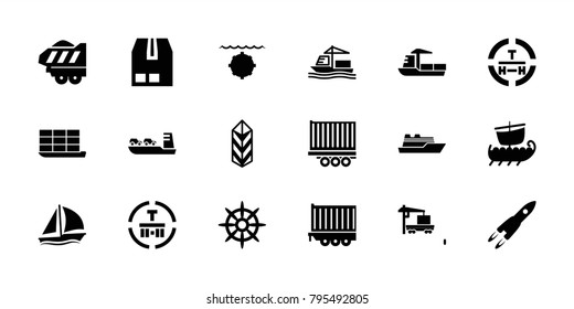 Ship icons. set of 18 editable filled ship icons: cargo terminal, cargo, helm, rocket, sailboat