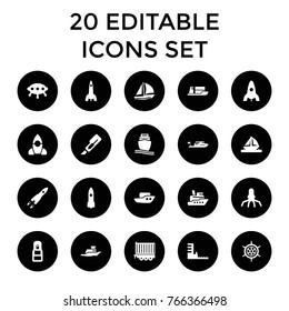 Ship icons. set of 20 editable filled ship icons such as boat, rocket, cutter, ufo, cargo trailer, office supply, harbor, helm