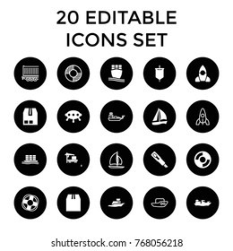 Ship icons. set of 20 editable filled and outline ship icons such as sailboat, ufo, cargo container, cargo truck, lifebuoy, sail, water military, boat, rocket