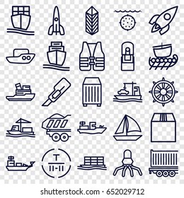 Ship icons set. set of 25 ship outline icons such as boat, cutter, cargo terminal, cargo, helm, office supply, rocket, life vest, water military