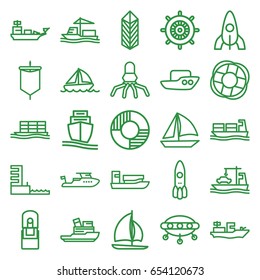 Ship icons set. set of 25 ship outline icons such as boat, rocket, helm, cargo, office supply, harbor, lifebuoy, sail, water military, sailboat