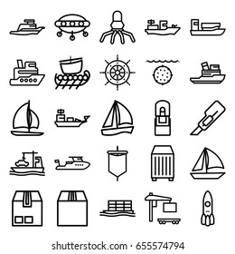 Ship icons set. set of 25 ship outline icons such as boat, cutter, cargo container, cargo truck, office supply, helm, sail, water military, sailboat, rocket
