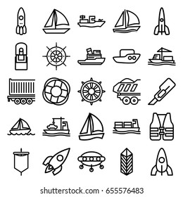 Ship icons set. set of 25 ship outline icons such as boat, rocket, cutter, cargo, helm, cargo ship, cargo trailer, office supply, lifebuoy, life vest, sailboat, sail