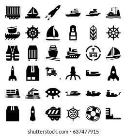 Ship icons set. set of 36 ship filled icons such as rocket, helm, boat, cargo terminal, cargo, office supply, harbor, sailboat, lifebuoy, life vest, water military