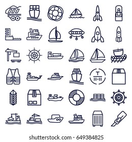 Ship icons set. set of 36 ship outline icons such as boat, rocket, helm, cutter, cargo terminal, cargo, office supply, harbor, lifebuoy, life vest, sailboat, water military