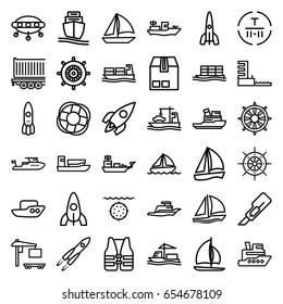 Ship icons set. set of 36 ship outline icons such as boat, rocket, helm, cutter, cargo terminal, cargo container, harbor, lifebuoy, life vest, sailboat, water military