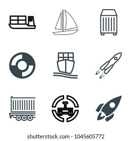 Ship icons. set of 9 editable outline ship icons such as rocket, lifebuoy, cargo container, cargo ship
