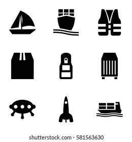 ship icons set. Set of 9 ship filled icons such as sailboat, cargo container, cargo ship, office supply, life vest, rocket