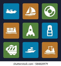 ship icons set. Set of 9 ship filled icons such as rocket, cargo trailer, office supply, lifebuoy, sailboat