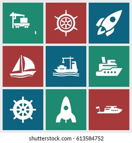 Ship icons set. set of 9 ship filled icons such as rocket, helm, boat, cargo truck