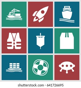 Ship icons set. set of 9 ship filled icons such as cargo container, cargo ship, rocket, lifebuoy, life vest, sail