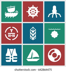 Ship icons set. set of 9 ship filled icons such as helm, sailboat, cargo terminal, cargo, lifebuoy, life vest, water military