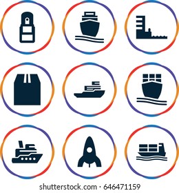 Ship icons set. set of 9 ship filled icons such as rocket, cargo container, office supply, harbor
